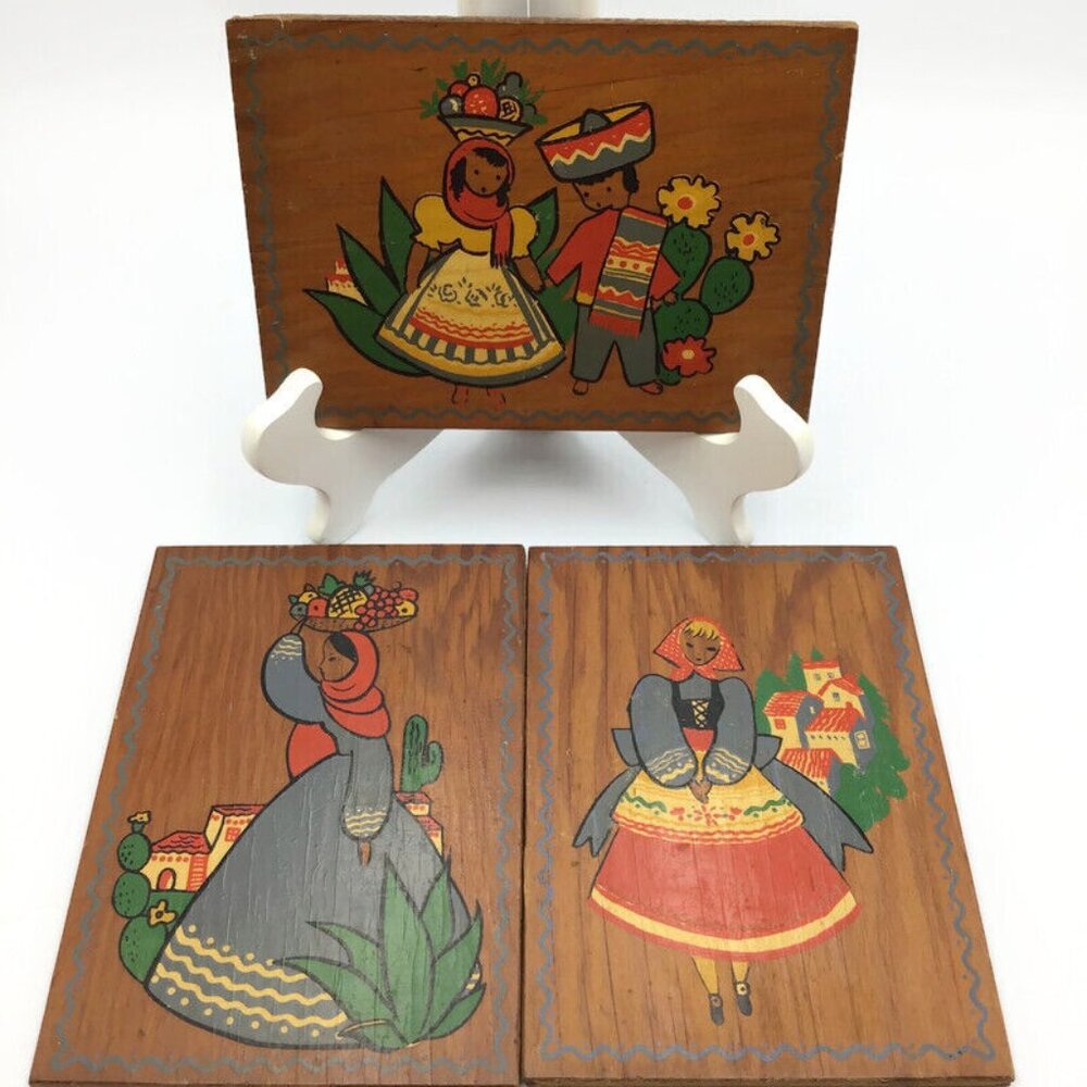 Latin American Folk Art Hand Painted Wooden Pictures Set of 3 w/ Hangers Vintage